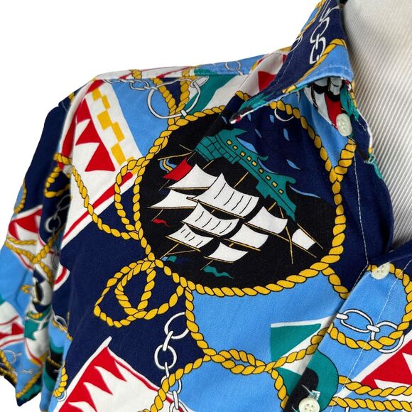 Vintage Tango Max Raab Shirt Men’s Large AOP Nautical Button Hawaiian Blue Gold - Picture 2 of 10